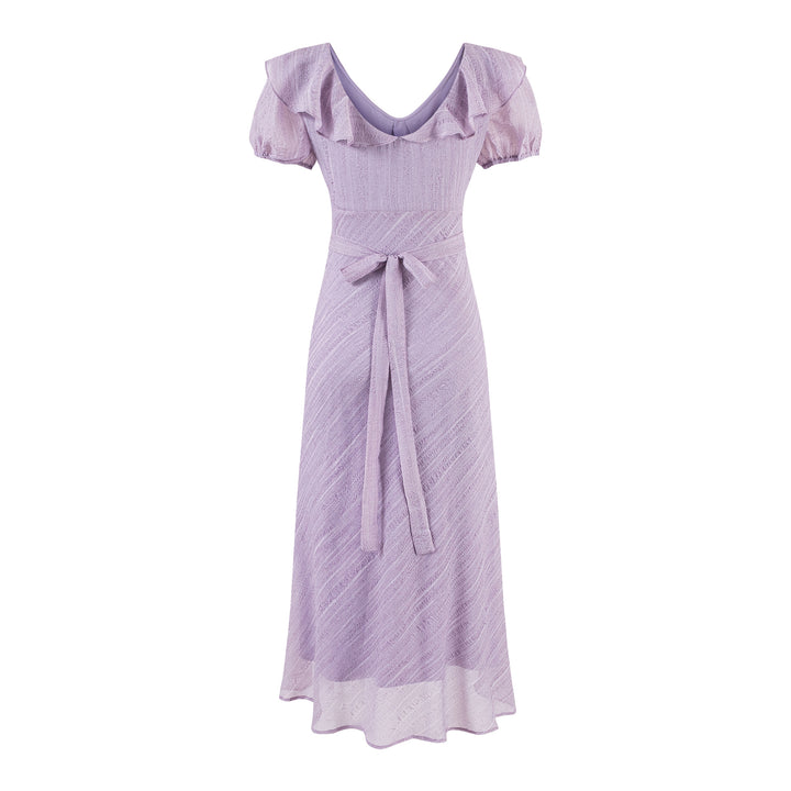 V-Neck Bubble Sleeve Purple Dress Vacation Long Dress for Women