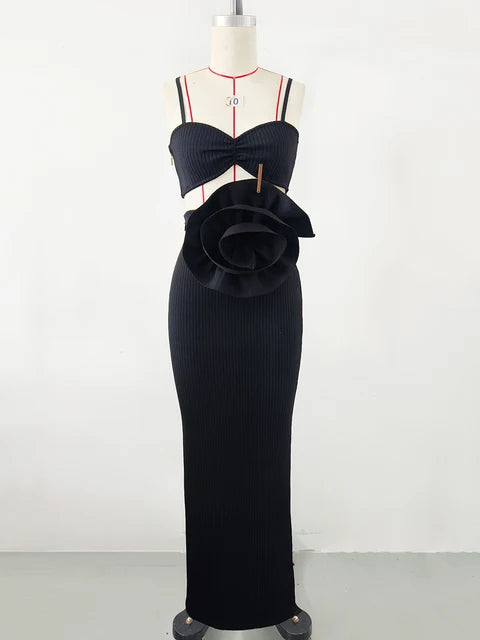 Women Hollow Out 3D Flower Spaghetti Strap Backless Design Celebrity Black Sleeveless Sexy Maxi Bandage Dress Party Gowns