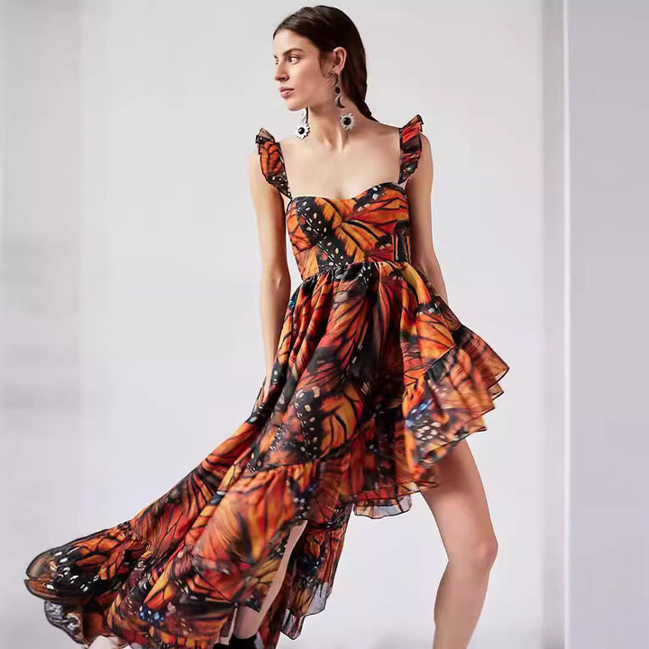 Chiffon Mid-Length Dress with Digital Butterfly PrintFashion Style Strapless, A-Line Silhouette, Casual Dress