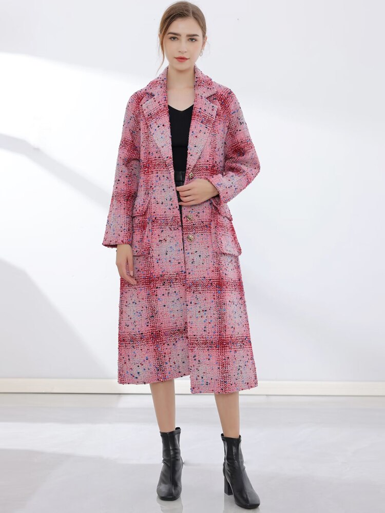 Retro Style Single Breasted Red Plaid Printed Long Sleeved Lace Windbreaker Coat Women&