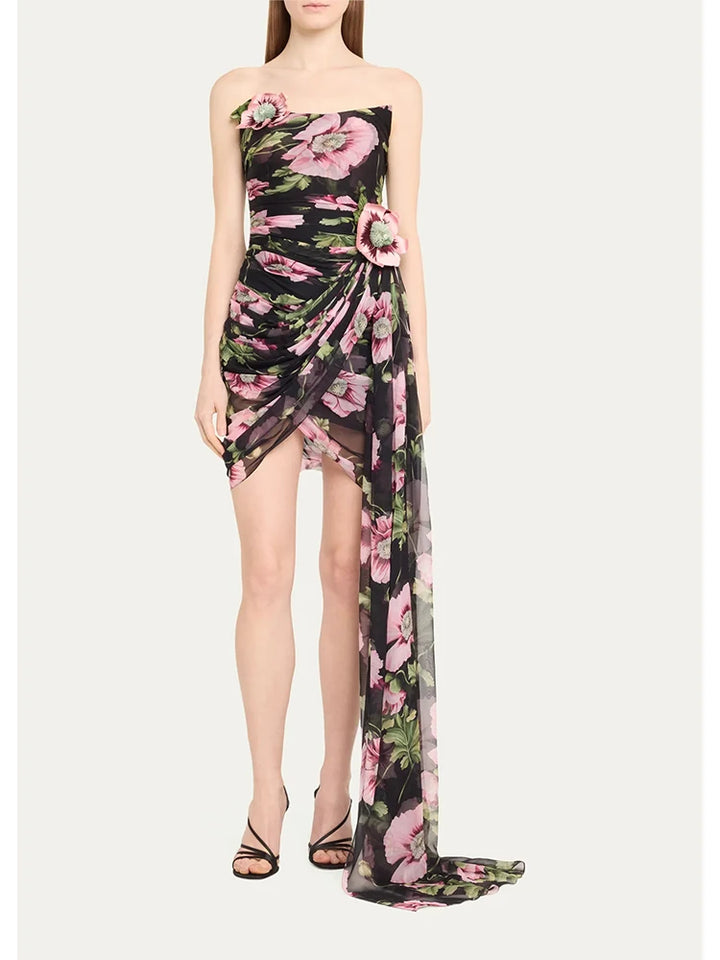Printed three-dimensional embroidered strapless dress with mesh