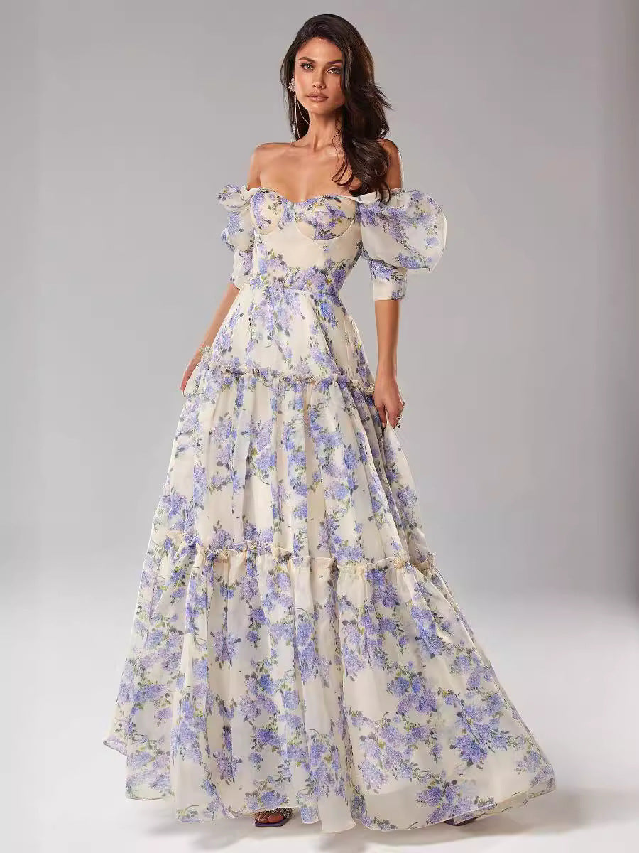 Shoulder-baring Elegant Organza Long Formal Evening Dress for Women Fashionable and Chic Spring/Summer Style