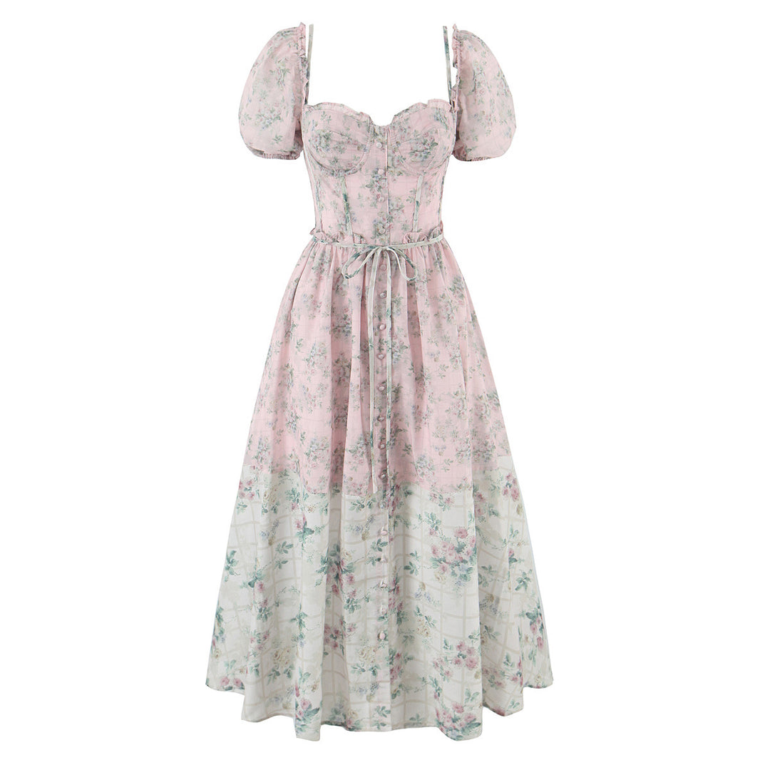 Splicing floral bubble sleeves mid length dress