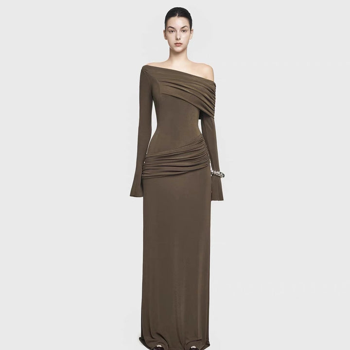 Asymmetrical Shoulder Long Sleeve Fitted Pleated Maxi Dress, Elegant Pleated Dress, Simple Fitted Long Dress