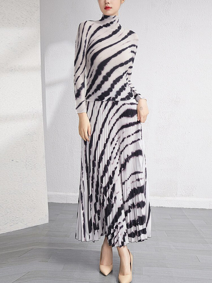 Striped Contrast Color Pleated Suit For Women Pullover Top Long Sleeve A-line Skirt Two Piece Set New Spring