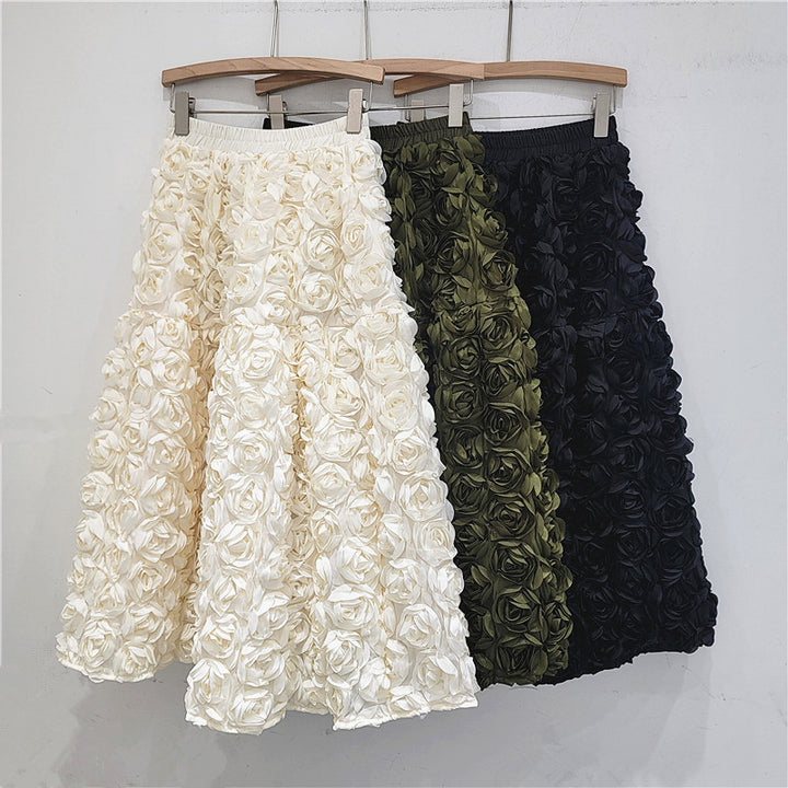 Half skirt French three-dimensional flower high waist fashion A-line half skirt long skirt