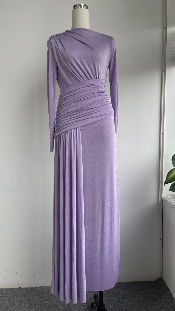 Elegant Knit Long Sleeve Ribbon Dress with Asymmetrical Neckline, Elastic Pleated Floor-Length Skirt