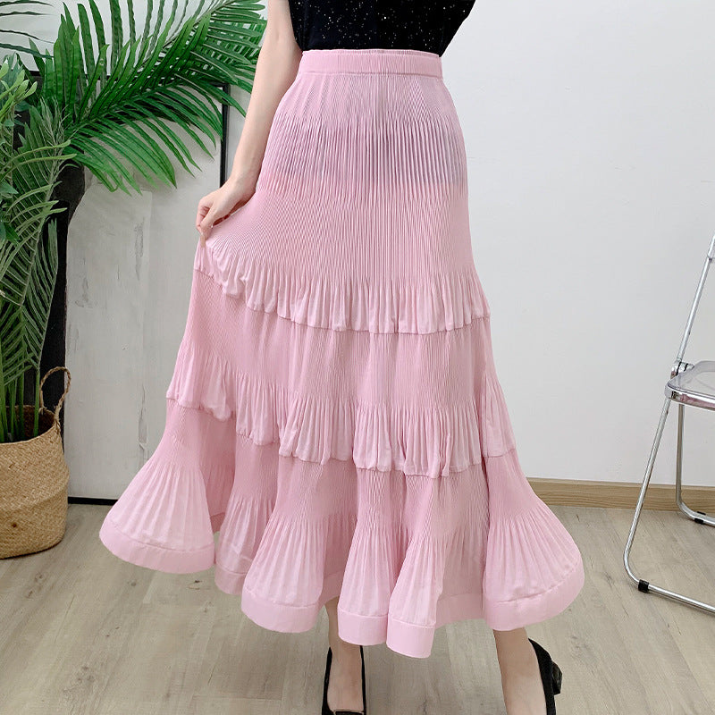Elastic waist pleated skirt for women&