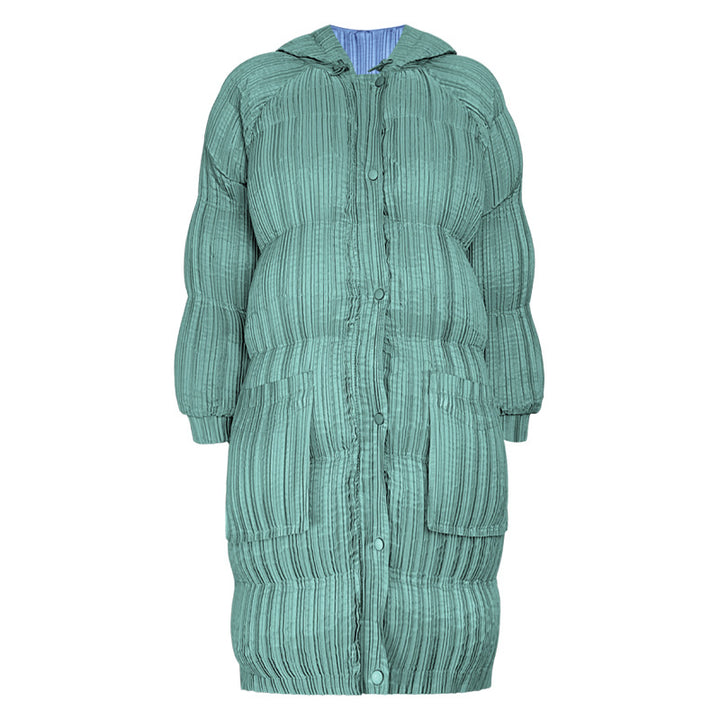 Long Plush Hooded Puffer Jacket for Women - Slimming Warm Cotton-Padded Parka with Pleated Design