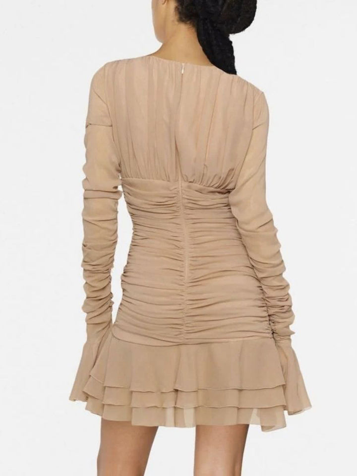French Temperament Style Handmade Pleated Skirt Autumn New Sexy V-Neck Long Sleeve Dress