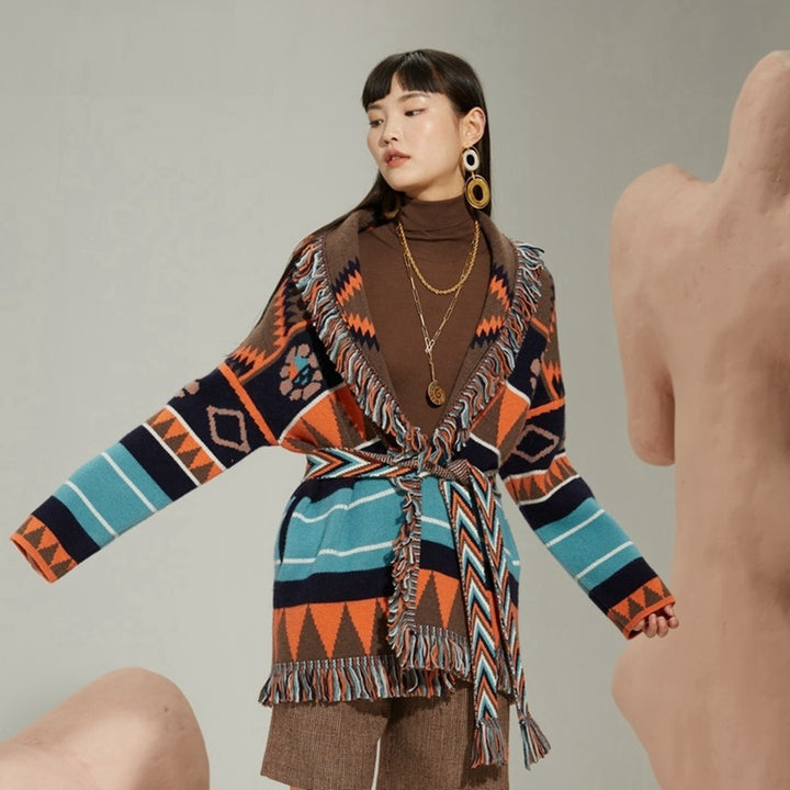 Autumn And Winter Medium Long Jacquard Sweater Coat Loose Thickened Vintage Wool Blended Knitting Cardigan