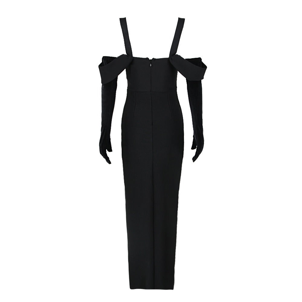 Fashionable and sexy black long-sleeved tube top suspender dress with bandage and slim flowers