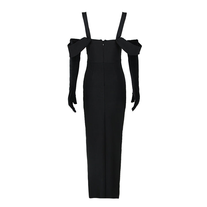 Fashionable and sexy black long-sleeved tube top suspender dress with bandage and slim flowers