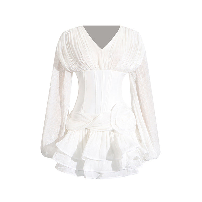 French Elegant Noble Ruffle Hem Short Dress V-Neck Bubble Sleeve 3D Flower Dress Summer Women