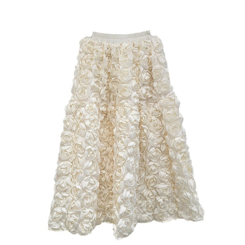 Half skirt French three-dimensional flower high waist fashion A-line half skirt long skirt