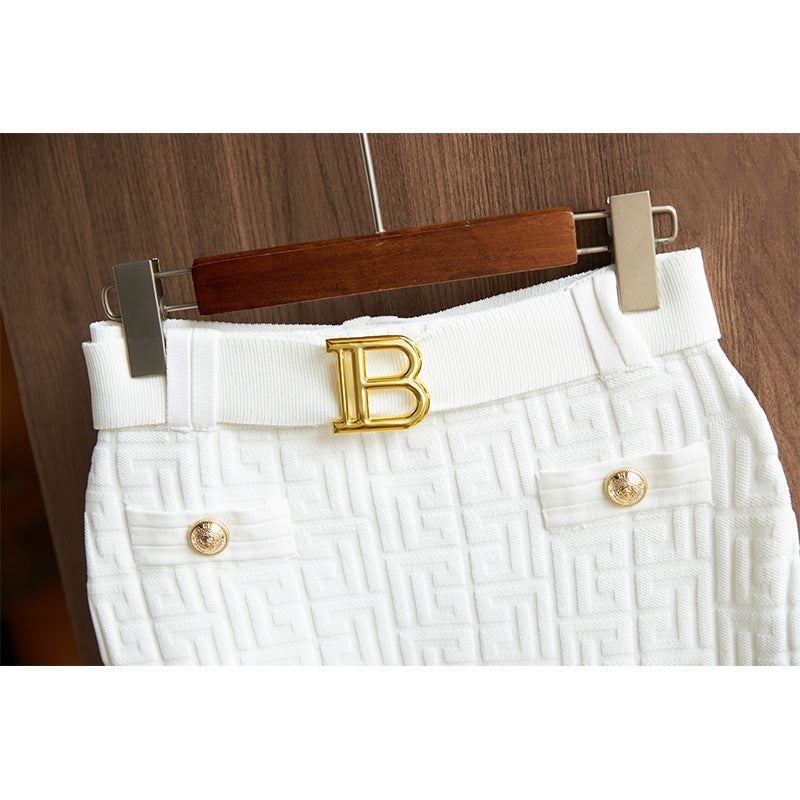 Autumn And Winter New Knitting Skirt Suit Collar Herringbone Top Belt Hip Wrap Skirt Two-Piece Fashion Suit