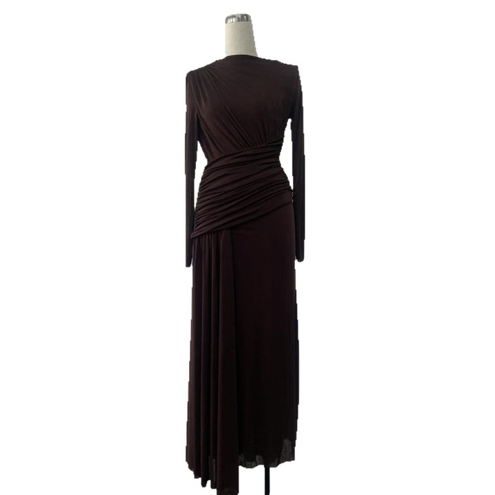 Elegant Knit Long Sleeve Ribbon Dress with Asymmetrical Neckline, Elastic Pleated Floor-Length Skirt