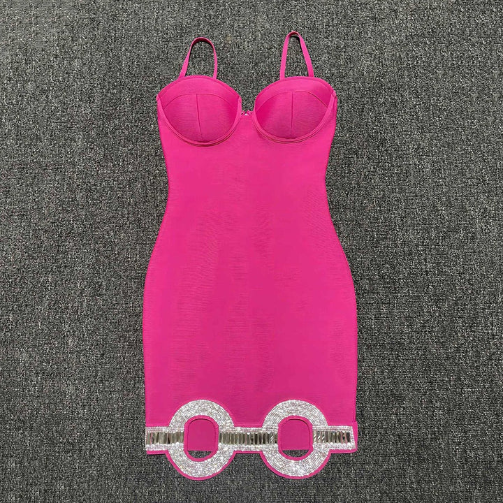 Sexy suspender bandage skirt with diamond hollow celebrity slim fit hip-hugging dress