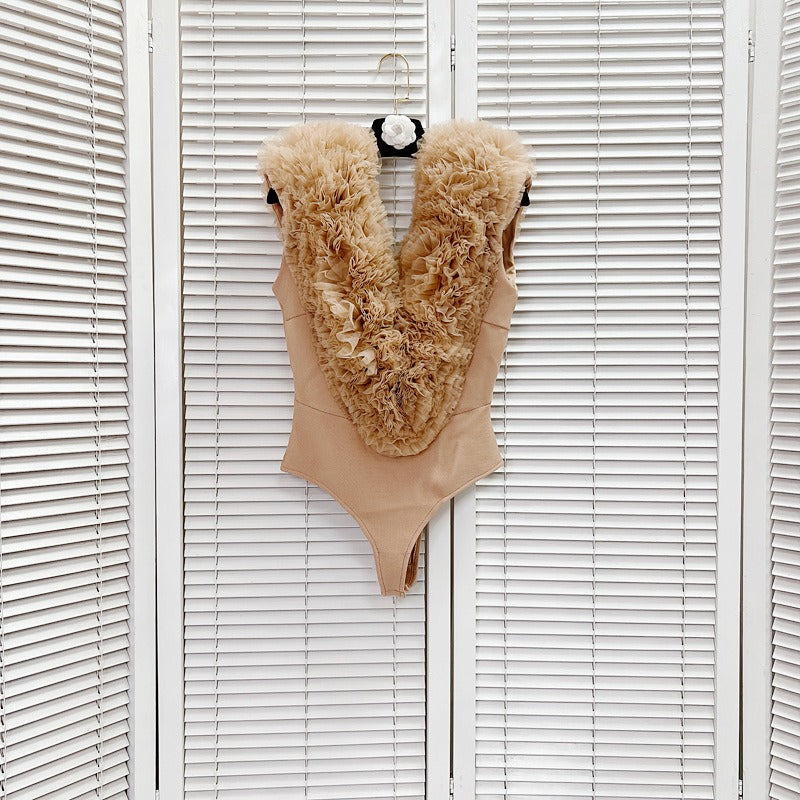 Chest deep V bandage knitted jumpsuit three-dimensional petal V-neck slim vest