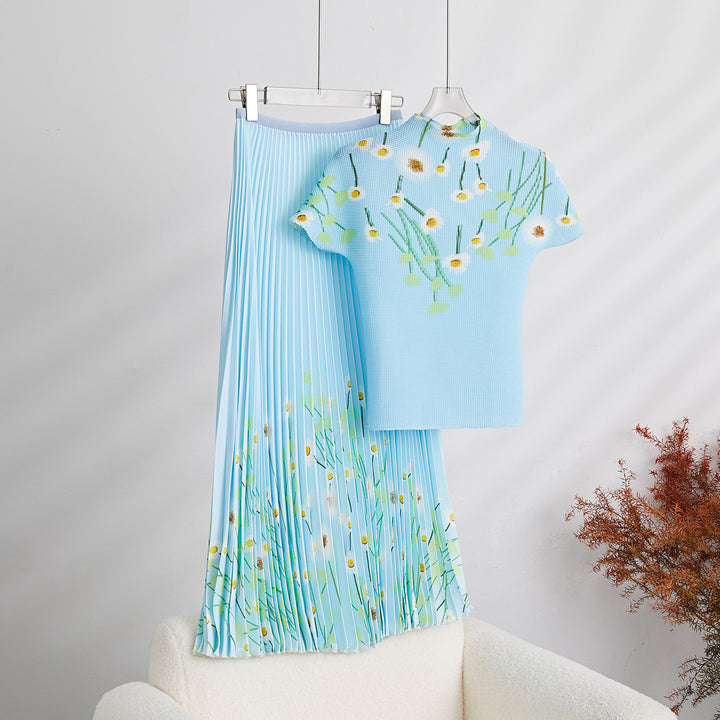 Printed Flower Pleated 2 Pieces Set Designer Long Sleeves Thin Tops High Waist Fold Skirts Female Clothing