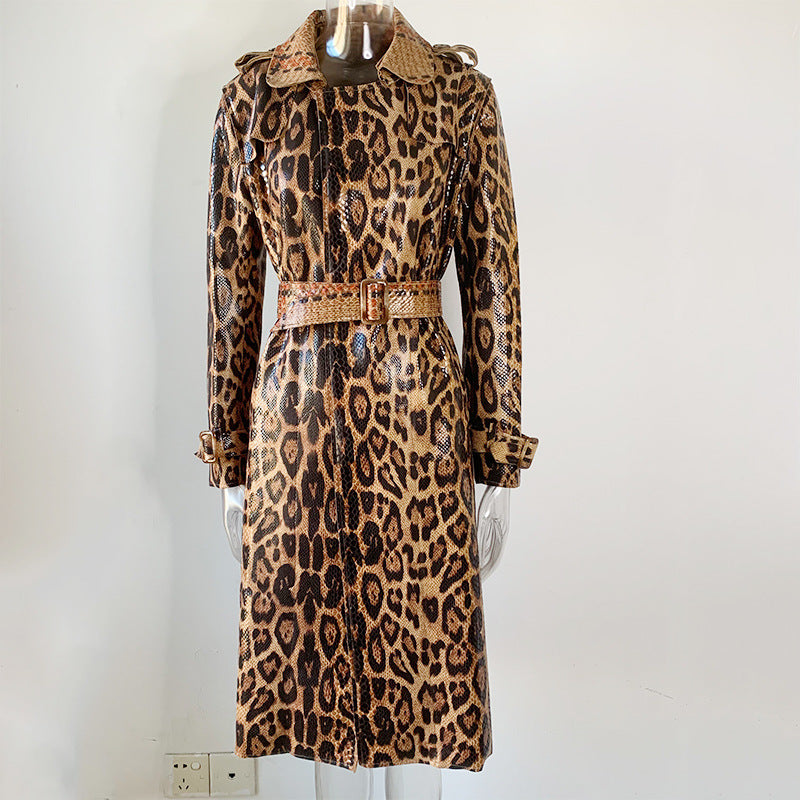Spring And Autumn Loose Leather Pattern Temperament Commuter Brown Long Windbreaker Cardigan Coat