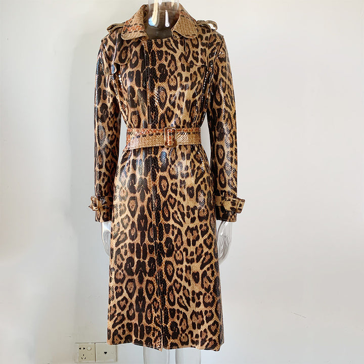 Spring And Autumn Loose Leather Pattern Temperament Commuter Brown Long Windbreaker Cardigan Coat