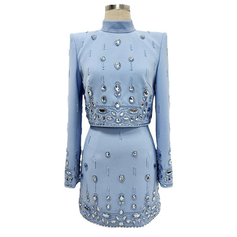 European and American fashion new heavy industry nail bead inlaid diamond short top half skirt set two-piece set
