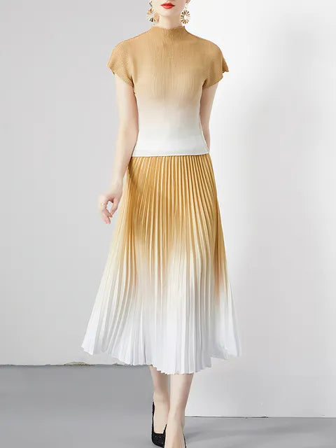 Summer Gradient Pleated Sets For Women Turtleneck Short Sleeve Top Elastic Waist A-line Skirt Female Two Piece
