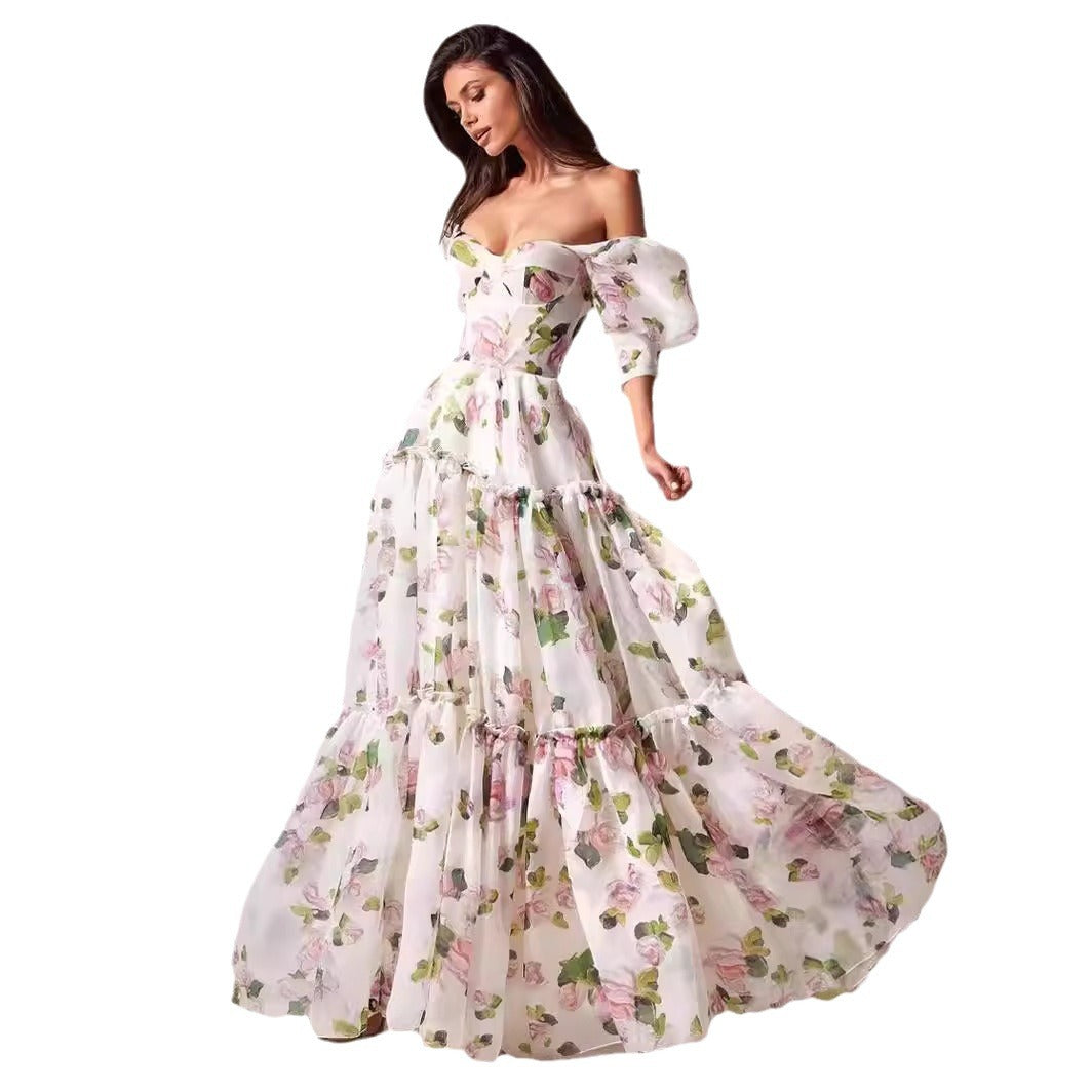Shoulder-baring Elegant Organza Long Formal Evening Dress for Women Fashionable and Chic Spring/Summer Style
