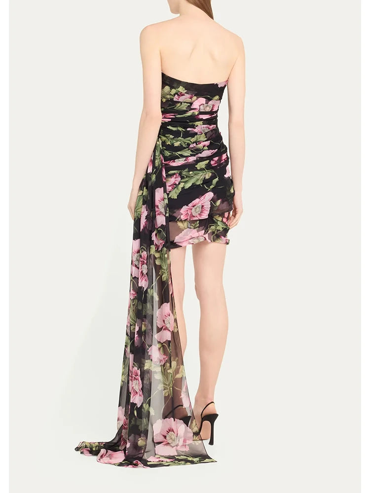 Printed three-dimensional embroidered strapless dress with mesh