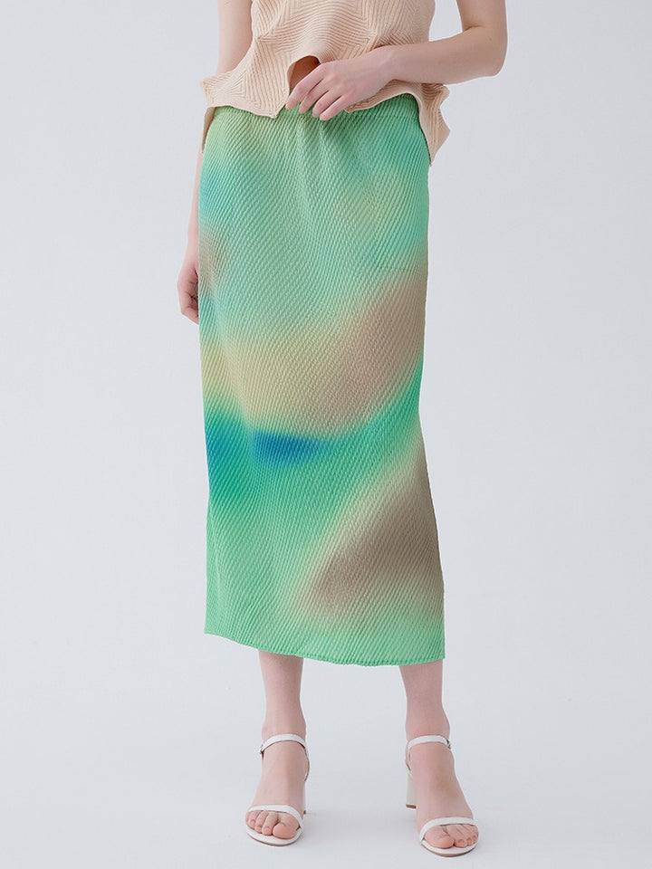Gradient A-line skirt for women mid length printed fish scale pleated skirt
