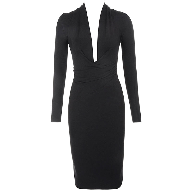 Black V Neck Long Sleeve Lady&