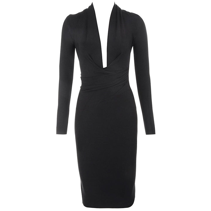 Black V Neck Long Sleeve Lady&