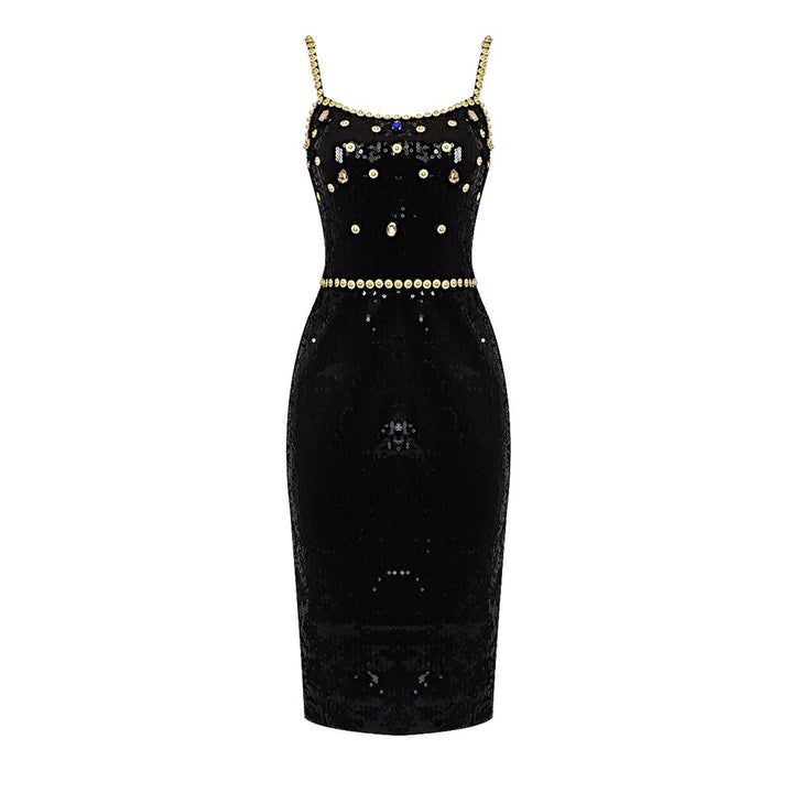 Black Evening Dinner Dress Women Elegant Square Collar Crystal Sequins Spaghetti Strap Dresses