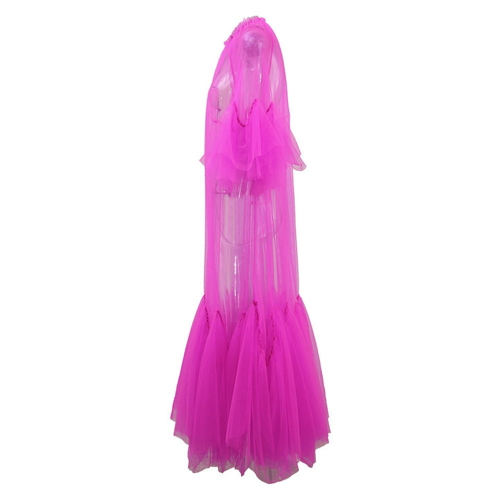 Lace collar loose petal short sleeved mesh dress, women&