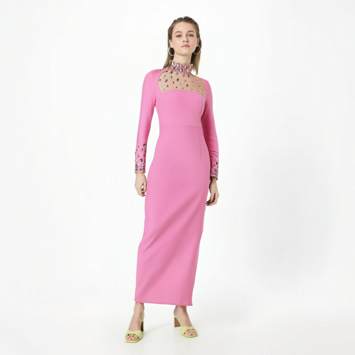 European and American autumn and winter long sleeved slit dress with mesh belt diamond round neck