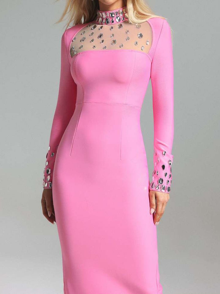 European and American autumn and winter long sleeved slit dress with mesh belt diamond round neck