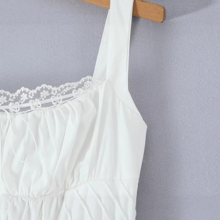 Splicing lace waist cinching hollow suspender dress for women