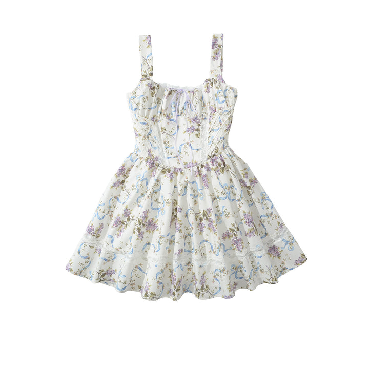 Square collar printed waist cinching short dress for women