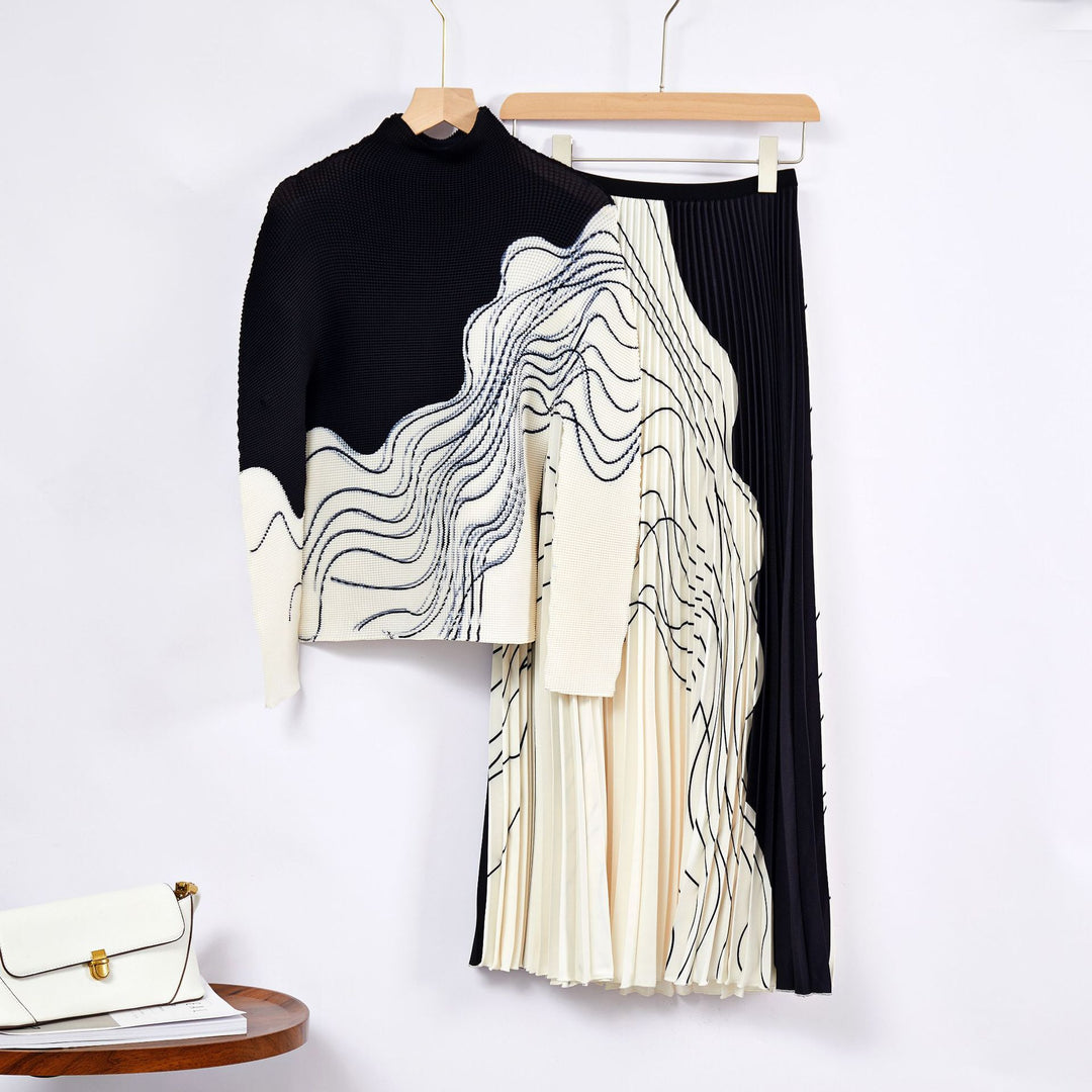 Women Pleated 2-Piece Fashion Printing High Elastic Slim Fit Long Sleeve Top+High Waist Versatile Loose Pleated Half Dress Summer