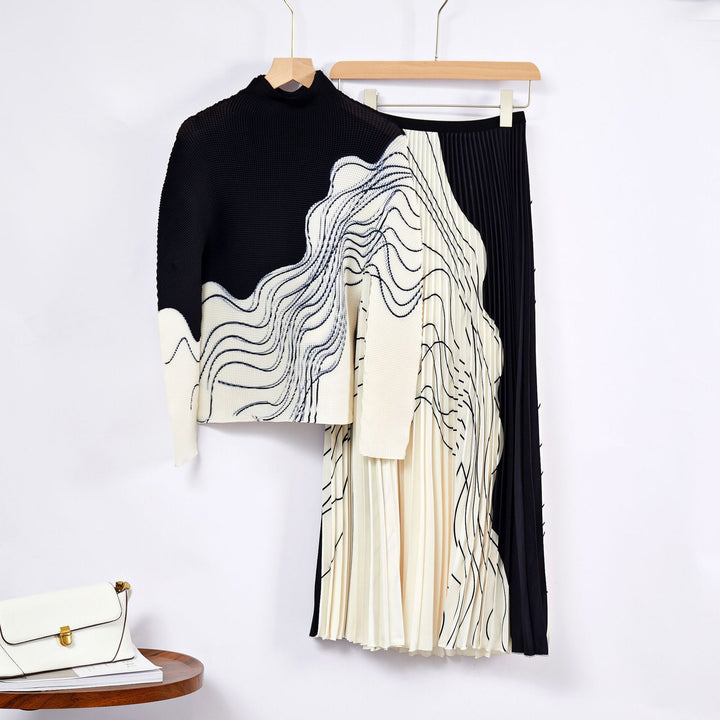 Women Pleated 2-Piece Fashion Printing High Elastic Slim Fit Long Sleeve Top+High Waist Versatile Loose Pleated Half Dress Summer