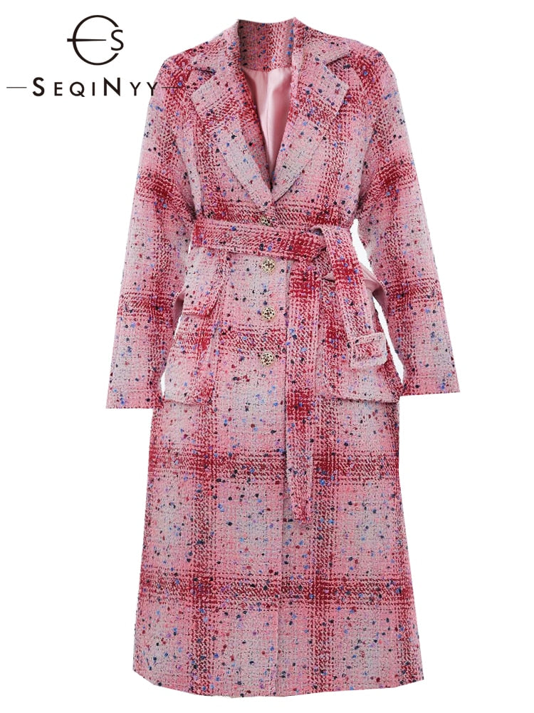 Retro Style Single Breasted Red Plaid Printed Long Sleeved Lace Windbreaker Coat Women&