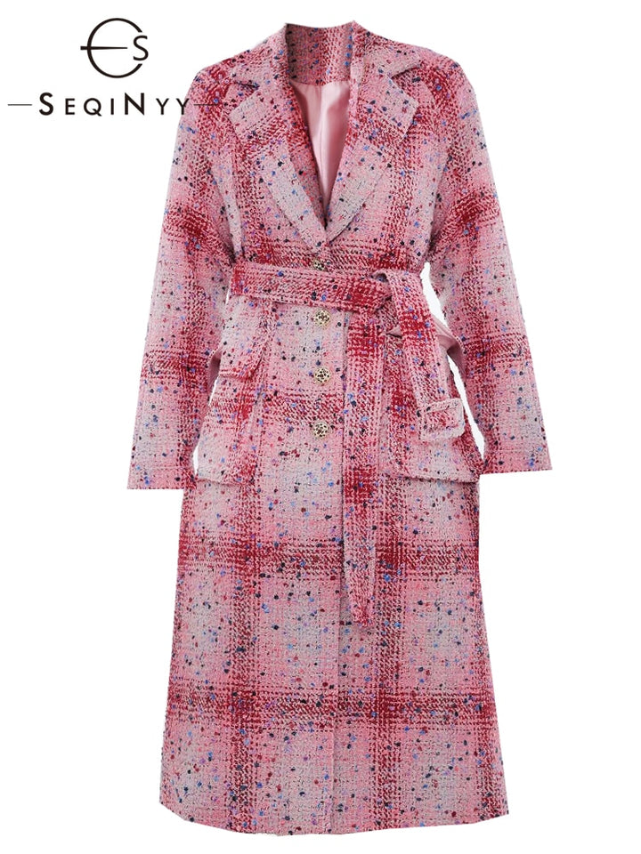 Retro Style Single Breasted Red Plaid Printed Long Sleeved Lace Windbreaker Coat Women&