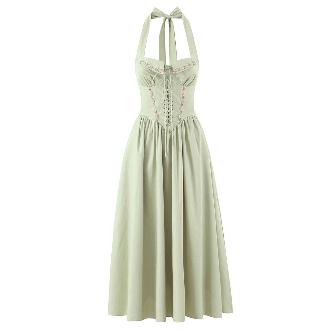 Embroidered bow tie tied backless hanging neck dress