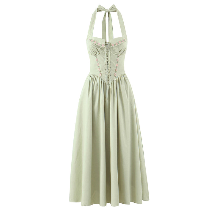 Embroidered bow tie tied backless hanging neck dress