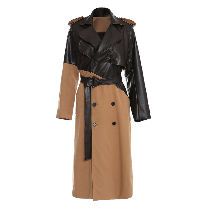 Spliced Leather Trench Coat Women&