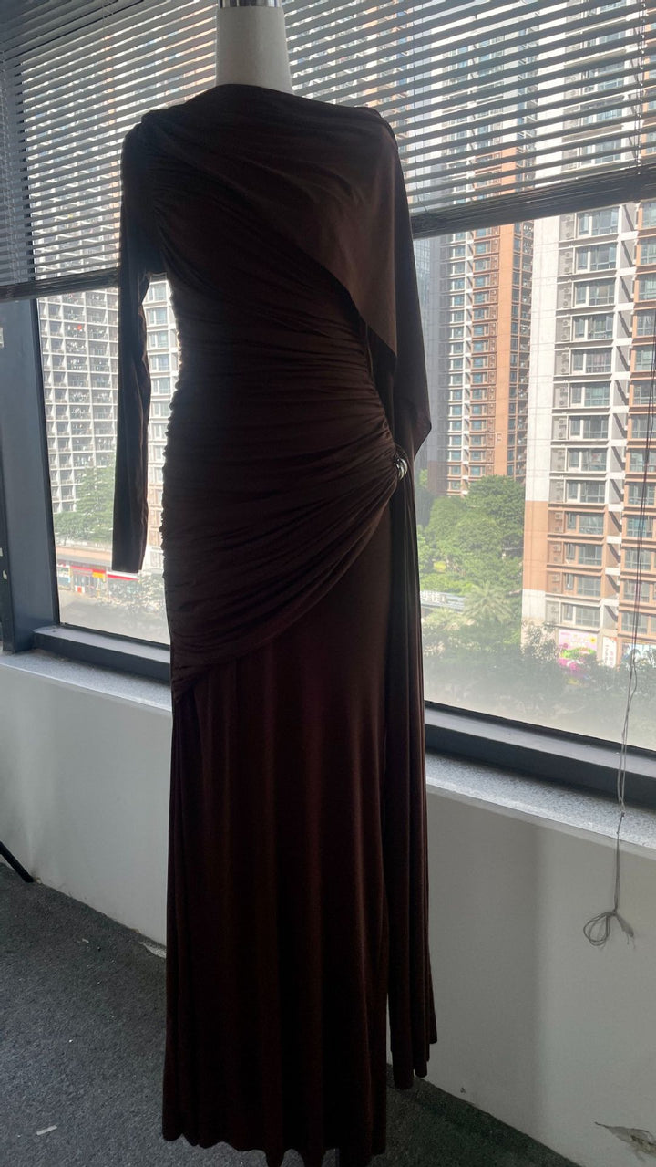 Solid color pleated asymmetrical minimalist slim fit dress