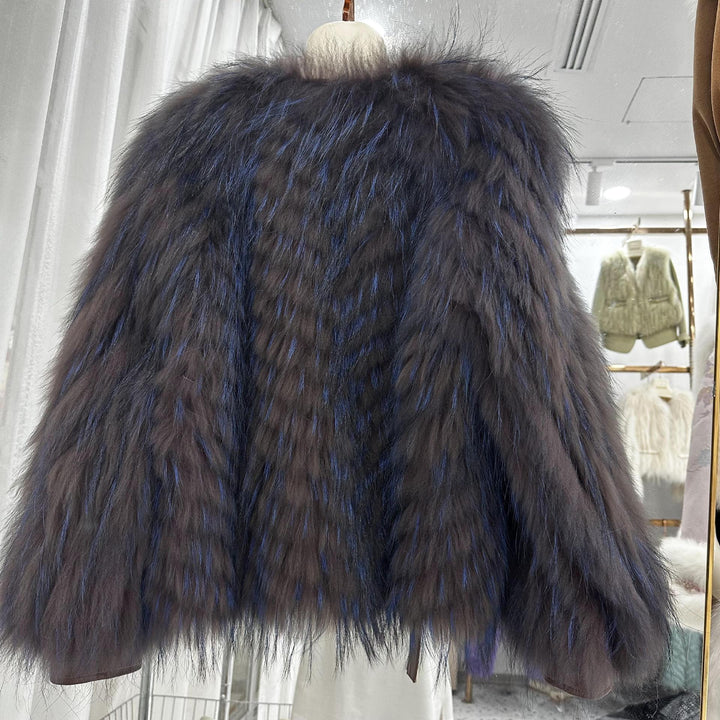 Raccoon fur grass coat, woven with car stripes, women&