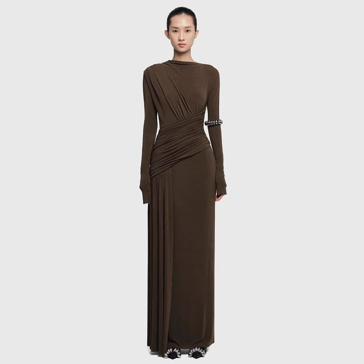 Elegant Knit Long Sleeve Ribbon Dress with Asymmetrical Neckline, Elastic Pleated Floor-Length Skirt