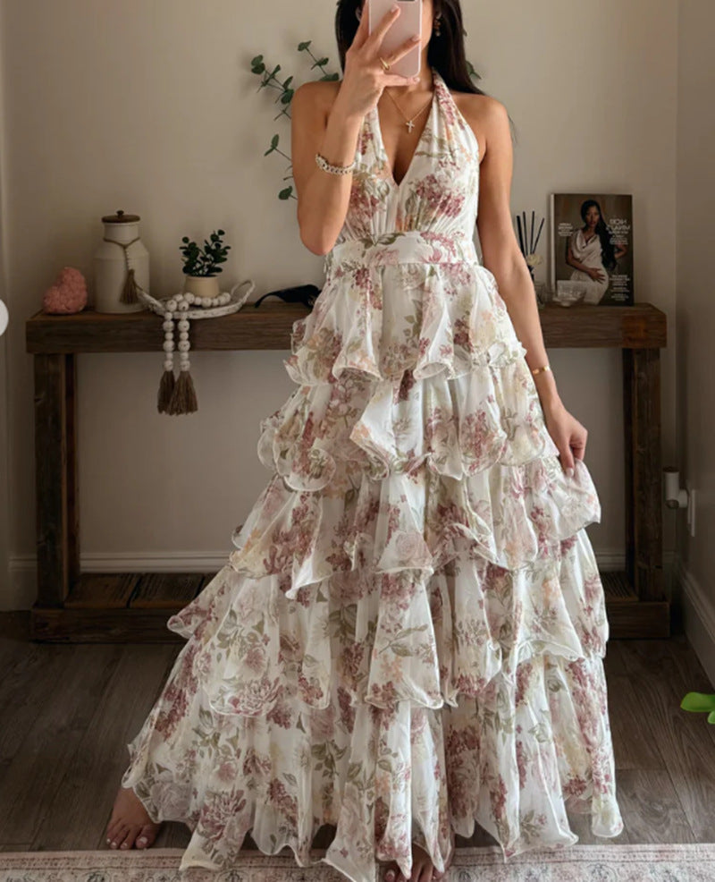Fashionable Sexy V-Neck Strap Multi-Layer Printed Dress for Women